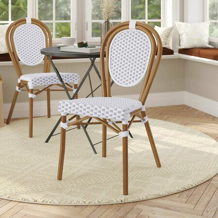 FLASH FURNITURE Lourdes Thonet French Bistro Stacking Chair, White and Gray PE Rattan and Bamboo Print Alum Frame SDA-AD642002S-WHGY-NAT-GG